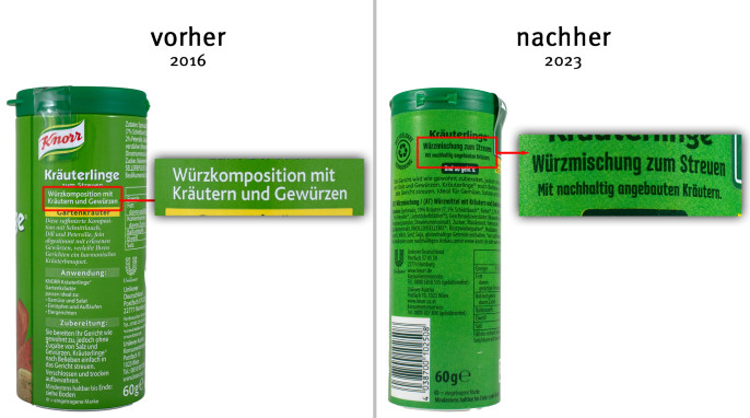 alt: Bezeichnung, Knorr Kräuterlinge Gartenkräuter, 2016 ; neu: Knorr Kräuterlinge Würzmischung Gartenkräuter, 2023 