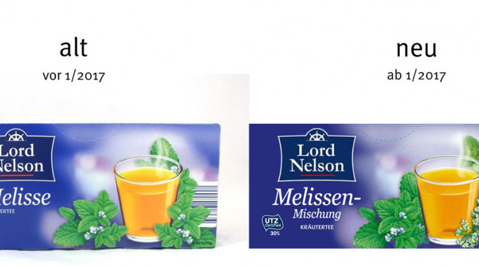 alt: Lord Nelson Melisse Kräutertee, vor 2017; neu: Lord Nelson Melissen-Mischung Kräutertee, ab 2017, Herstellerfoto