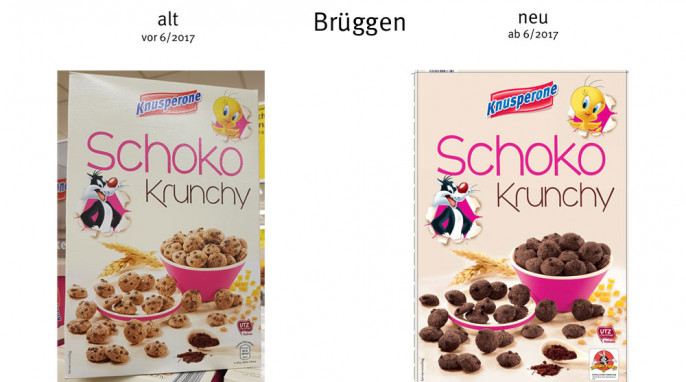 alt: Aldi Knusperone Schoko Krunchy, Brüggen KG, vor Juni 2017, neu: ab April 2017, Herstellerfoto