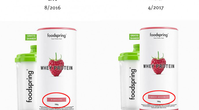 alt: Produktangebot Whey Protein, Beispiel Sorte Himbeere auf foodspring.de, 8/2016; neu: 4/2017