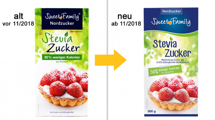 alt: Sweet Family SteviaZucker, vor 11/2018; neu: Sweet Family SteviaZucker, ab 11/2018, Herstellerfoto