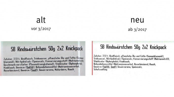 alt: Zutaten, Dürrröhrsdorfer Rindswürstchen, vor 3/2017; neu: Zutaten, Dürrröhrsdorfer Rindswürstchen, ab 3/2017 