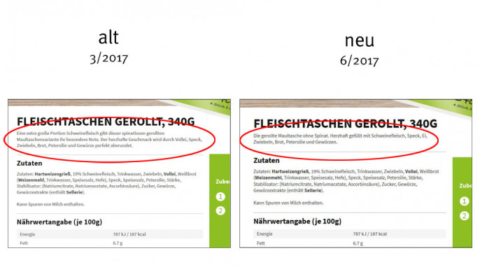 alt: Werbung für Bürger Fleischtaschen, Screenshot vom 31.03.2017; neu: Screenshot 08.06.2017