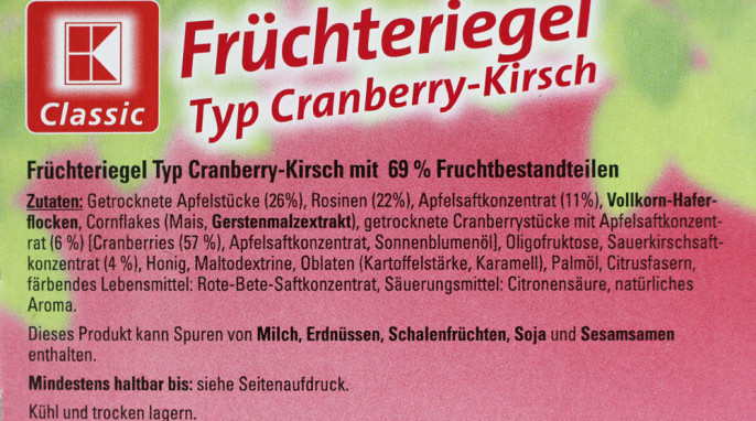 Zutaten, K-Classic Früchteriegel Typ Cranberry-Kirsch