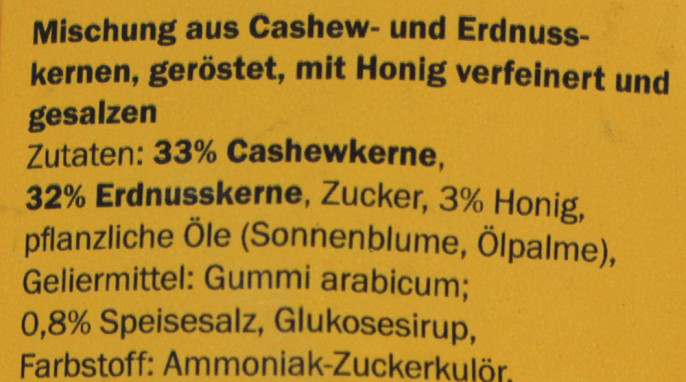 Zutaten, Alesto Cashew-Erdnuss-Mix Honig-Salz