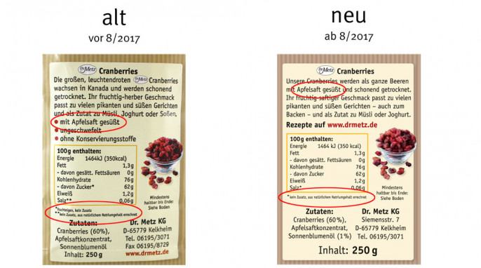 alt: Werbung Rückseite, Dr. Metz Cranberries, vor August 2017; neu: ab August 2017, Herstellerfoto