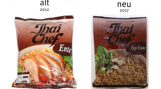 alt: Thai Chef Instant Nudelsuppe, Ente, 2012; neu: Thai Chef Instant Nudelsuppe Typ Ente, August 2017