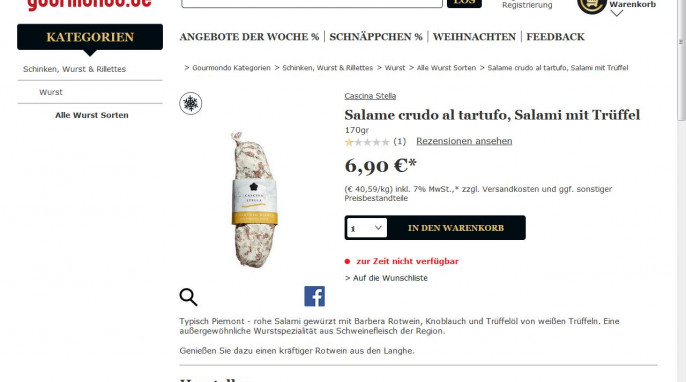 Werbung für Cascina Stella „Salami mit Trüffel“, gourmondo.de, Screenshot 14.11.2016 