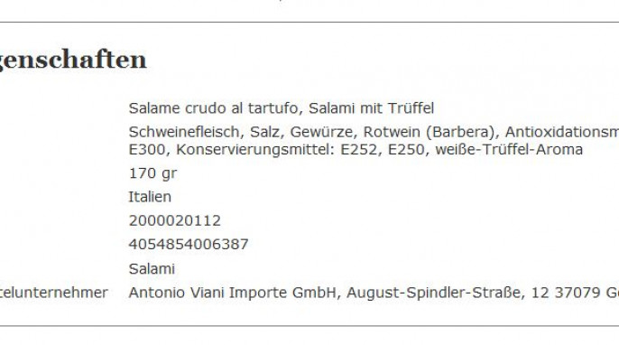 Bezeichnung + Zutaten, Cascina Stella „Salami mit Trüffel“, gourmondo.de, Screenshot 14.11.2016