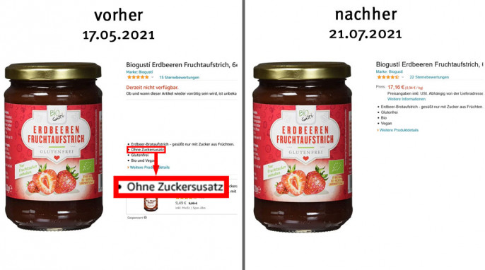 alt: Angebot Biogusti Erdbeeren Fruchtaufstrich, amazon.de, 17.05.2021, neu: 21.07.2021