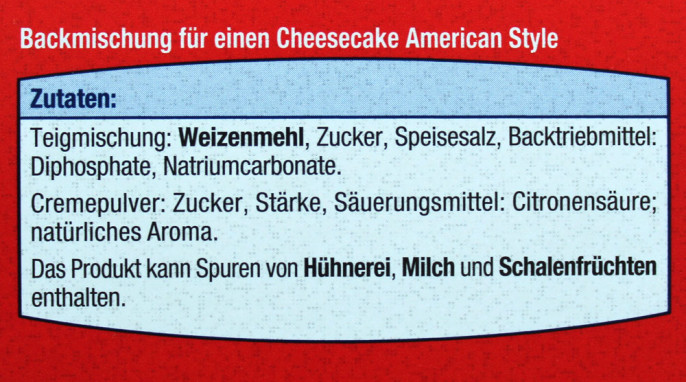 Bezeichnung und Zutaten, American Style Delicious Cheesecake Backmischung 
