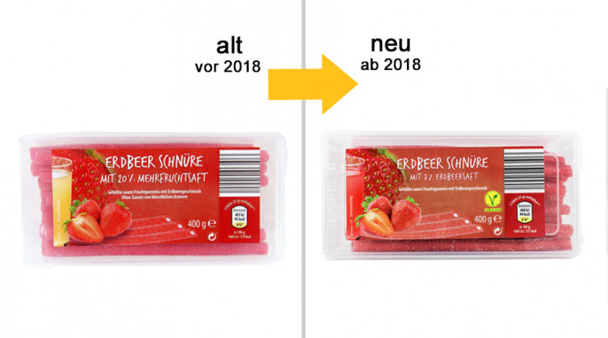 alt: Vidal Erdbeer Schnüre, vor 2018; neu: Vidal Erdbeer Schnüre, ab 2018