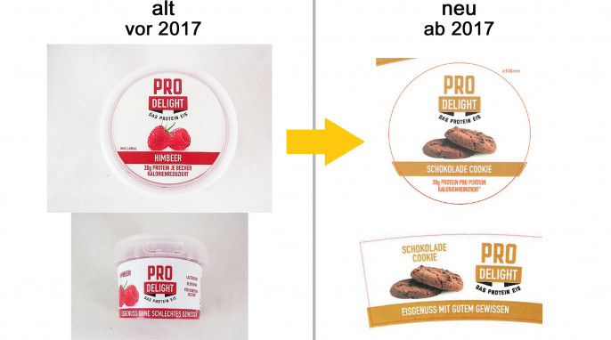 alt: Pro Delight Protein Eis, Beispiel Sorte Himbeere, vor 2017; neu: Beispiel Sorte Schokolade Cookie, ab 2017, Herstellerfoto