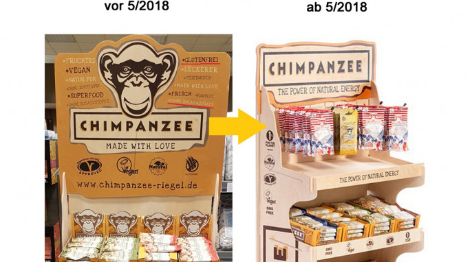 alt: Werbung Aufsteller für „Chimpanzee Energy Bar“, vor 05/2018; neu: ab 05/2018, Herstellerfoto