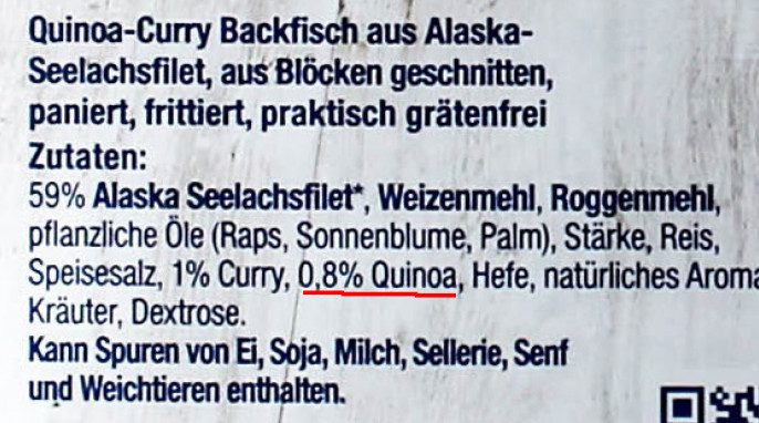 Bezeichnung + Zutaten, Nordsee Quinoa-Curry Backfisch