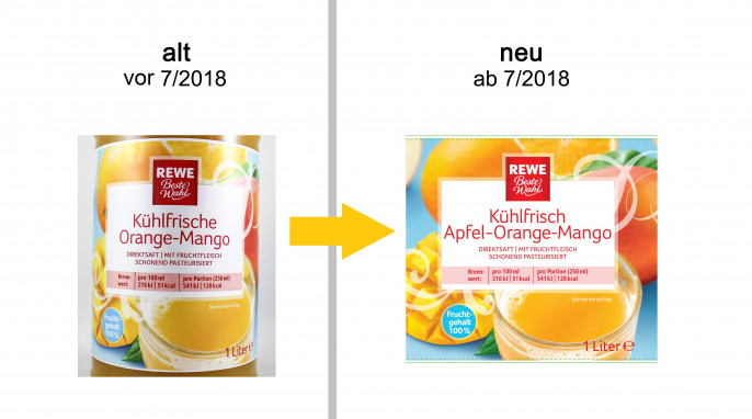 alt: Saft Rewe Beste Wahl Kühlfrische Orange-Mango, vor 7/2018; neu: Kühlfrische Apfel-Orange-Mango ab 7/2018, Herstellerfoto