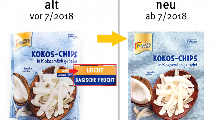 alt: Farmer’s Snack Kokos-Chips, vor 07/2018; neu: ab 07/2018, Herstellerfoto