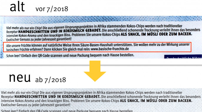 Werbehinweis Schauseite, Farmer’s Snack Kokos-Chips vor 07/2018 und ab 7/2018