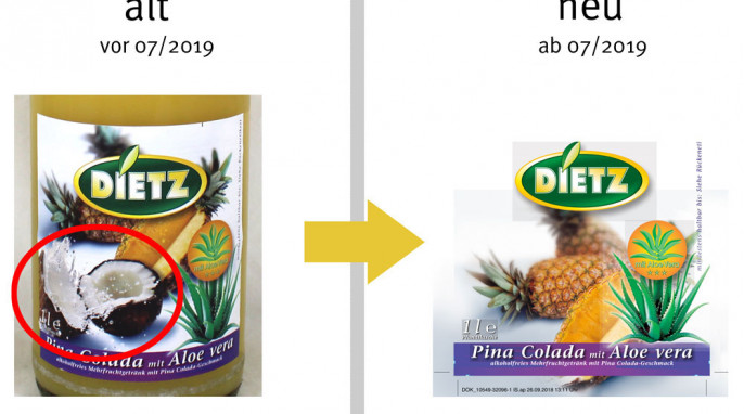 alt: Dietz Pina Colada mit Aloe vera, vor 07/2019; neu: ab 07/2019, Herstellerfoto