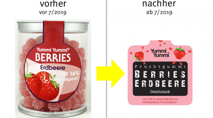 alt: Yummi Yummi Berries Erdbeere, vor 07/2019; neu: nach 07/2019, Herstellerfoto 