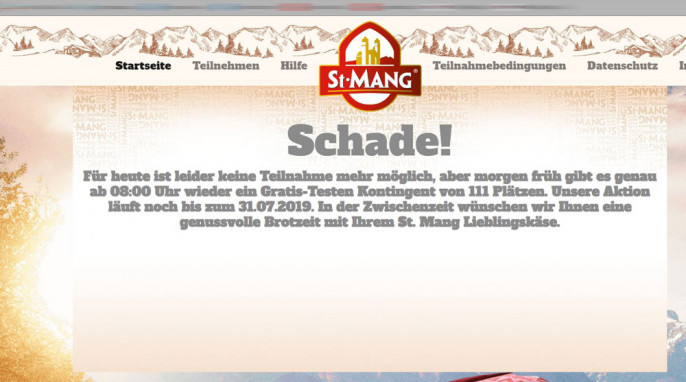 „Schade!“, St. Mang Allgäuer Käse Aktion „Jetzt Gratis Testen“ auf st-mang-gratis-testen.de, Screenshot 29.05.2019