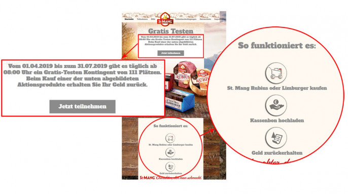 Teilnahmebedingungen, St. Mang Allgäuer Käse Aktion „Jetzt Gratis Testen“ auf st-mang-gratis-testen.de, Screenshot 22.05.2019