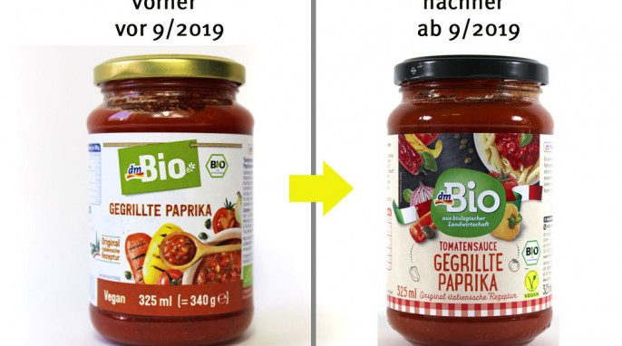 alt: dm Bio Gegrillte Paprika 2019; neu: dm Bio Tomatensauce Gegrillte Paprika 2019