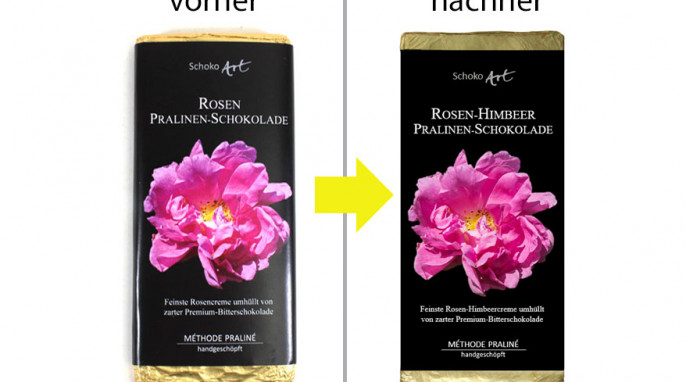 alt: Schoko Art Rosen Pralinen-Schokolade vor 12/2019; neu: Rosen-Himbeer Pralinen-Schokolade ab 12/2019, Herstellerfoto