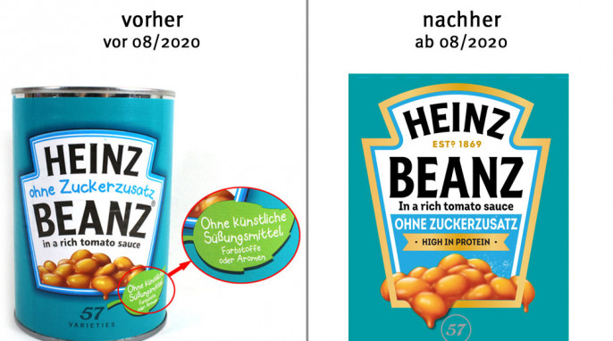 alt: Heinz Beanz ohne Zuckerzusatz, bis 08/2020 ; neu:, ab 08/2020