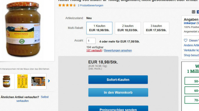 Angebot Roher Honig ungefiltert, nicht erhitzt, 1000 g, ebay.de, Screenshot 23.03.2020