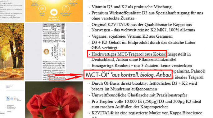 Beschreibung + Verpackungsetikett, Angebot Vitamin D3 + K2 MK7 10.000 IE + 20 µg auf sunday.de, 01.04.2020