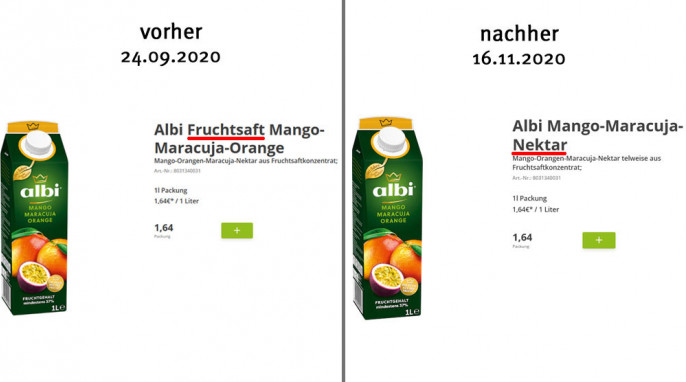 alt: Angebot Fruchtsaft Mango-Maracuja-Orange, bringmeister.de, 24.09.2020; neu: Nektar, 16.11.2020