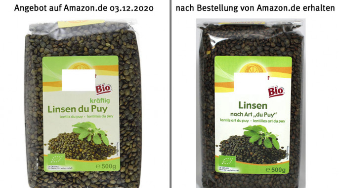 Vergleich „Linsen du Puy“, amazon.de, 03.12.2020 und gelieferte Ware „Linsen nach Art du Puy“