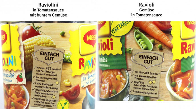Hinweis, Maggi Raviolini in Tomatensauce mit buntem Gemüse und Maggi Ravioli Gemüse in Tomatensauce