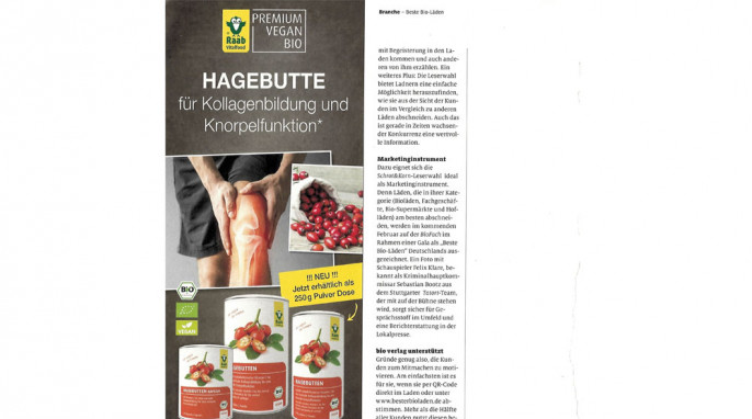 Anzeige „Raab Vitalfood Hagebutte“, Zeitschrift Bio-Handel 10/2019, Seite 34 