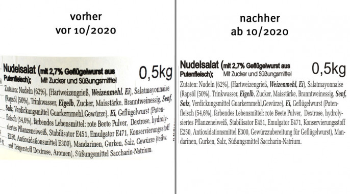 alt: Zutaten, Becker Feinkost Nudelsalat mit Geflügelwurst vor 10/2020; neu: ab 10/2020, Herstellerfoto