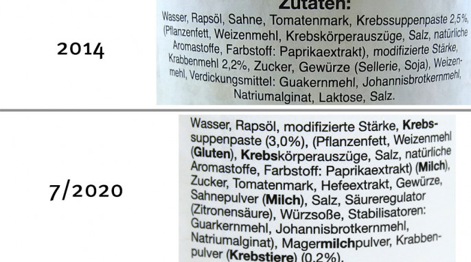 alt: Zutaten, Reinecke’s Büsumer Krabben-Cremesuppe, 2014; neu: 7/2020