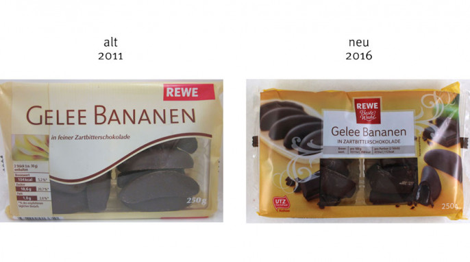 alt: REWE Gelee Bananen in feiner Zartbitterschokolade, vor 2016; neu: REWE Gelee Bananen in feiner Zartbitterschokolade, nach 2016