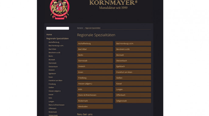 Regionale Spezialitäten auf kornmayers.de, Screenshot vom 23.01.2018