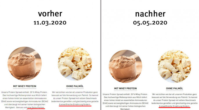 Werbung, „Extra-Portion wertvolles Eiweiß“ auf maxinutrition.de, 11.03.2020 und 05.05.2020