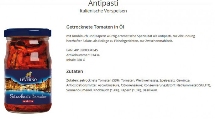 Screenshot Angebot Leverno Getrocknete Tomaten in Hälften auf leverno.de vom 27.08.2020