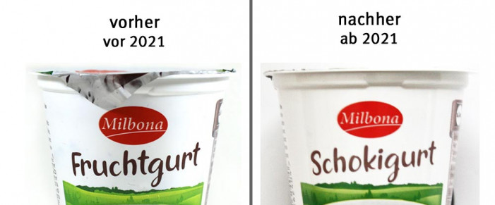 alt: Milbona Fruchtgurt Stracciatella, 2020; neu: Schokigurt, 2021