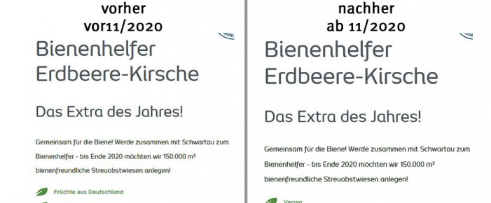 alt: Werbung Schwartau Bienenhelfer Erdbeere-Kirsche, schwartau.de, 13.05.2020; neu: 10.11.2020